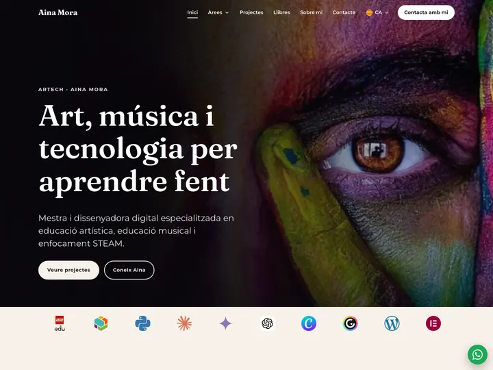 Portada de la web de Aina Mora: «Art, música i tecnologia per aprendre fent»